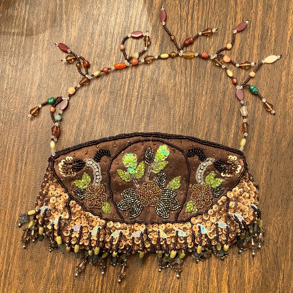 Vintage handmade Beaded Brown and Gold Clutch
